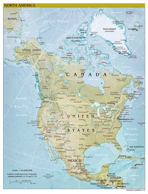 Large Scale Political Map Of North America With Relief And Capitals