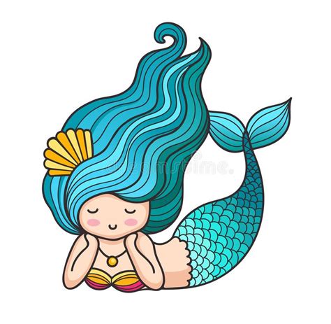 Cute Lying Dreamy Mermaid With Long Wavy Hair And Fish