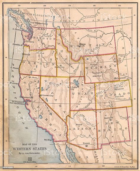 Old Color Map Of Western United States From 1800s Stock Photo
