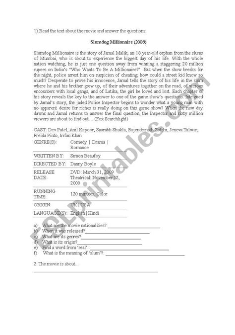 The presentation follows the quiz show who wants to be a millionaire. Slumdog Millionaire - ESL worksheet by Pandinha