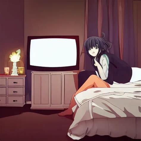 Cute Art Of A Beautiful Anime Girl Watching Tv Inside Stable