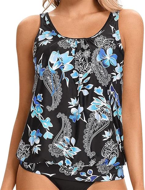 Yonique Womens Blouson Tankini Top No Bottom Floral Printed Loose Fit