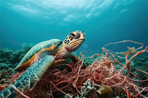 Marine Life Entangled Or Harmed By Plastic Waste In An Underwater