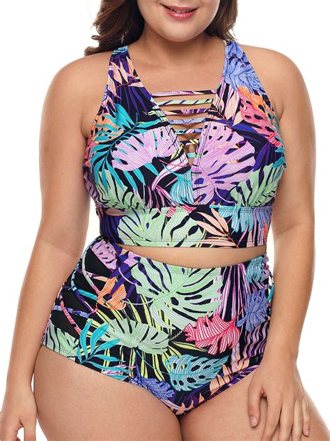 Women Plus Size Swimsuit Tropical Print Neck Detail Two Piece Swimwear M 3xl