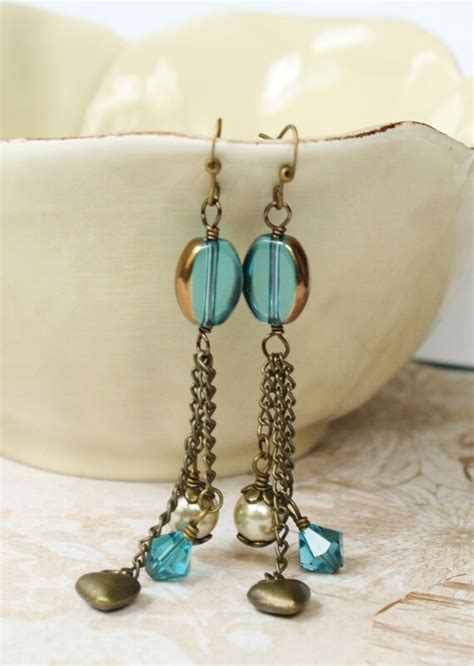 Items Similar To Long Dark Turquoise Earrings With Antique Gold Chain