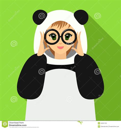 Vector Illustration Girl In Panda Suit Holding Eyeglasses