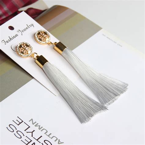 Hocole Bohemian Crystal Tassel Earrings Black White Blue Red Pink Silk Chicmaxonline