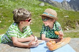 Two Boys Eat Cheese and Bread in Mountains Stock Photo - Image of bread ...