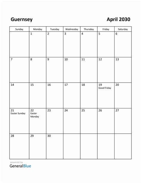 Free Printable April 2030 Calendar For Guernsey