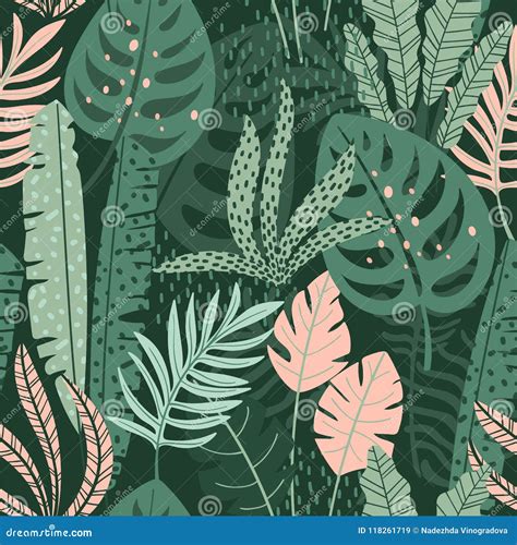 Abstract Seamless Pattern With Tropical Leaves Hand Draw Texture Stock