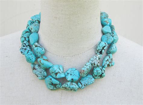 Chunky Turquoise Necklace Chunk Nugget Necklace Double Etsy