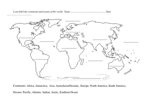 Blank World Map To Label Continents And Oceans Latitude Longitude