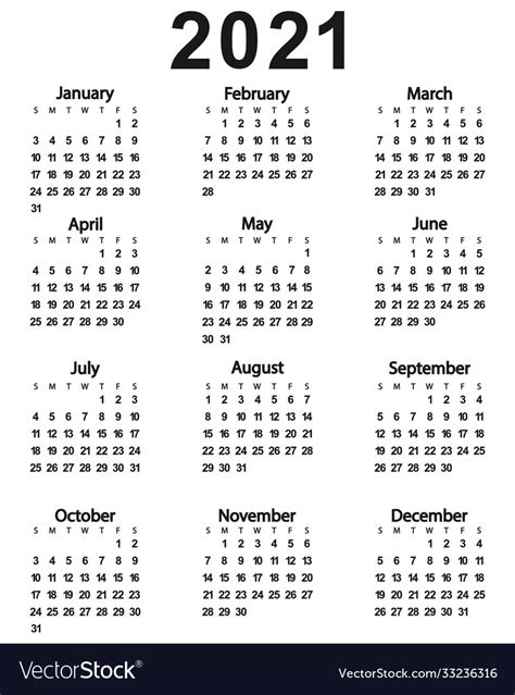 Calendar New Year 2021 Royalty Free Vector Image