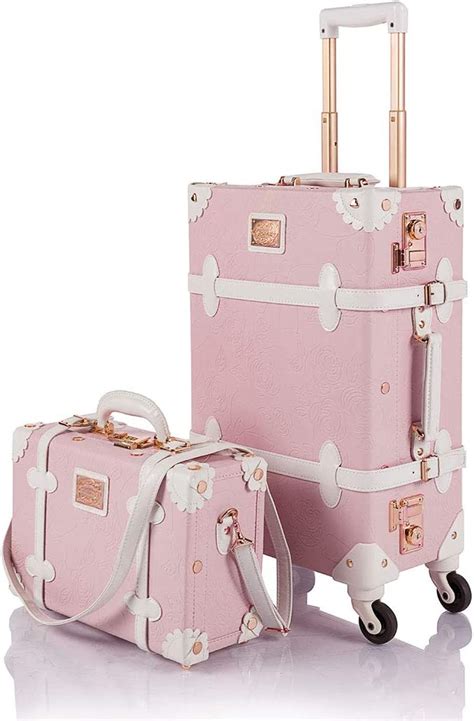 Cotrunkage Women Pink Vintage Carry On Luggage Set 2 Piece Floral Cute Trolley