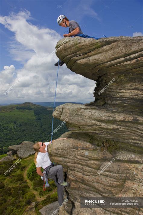 Two Friends Are Climbing At Stanage Edge In The Peak District — Gear