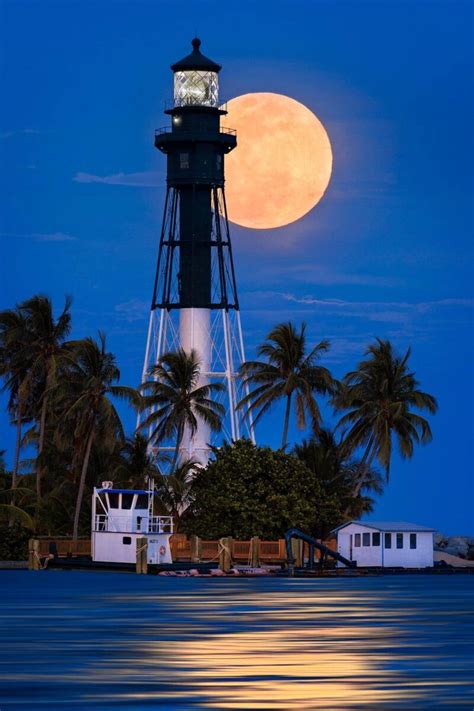 Full Moon Over Hillsboro Lighthouse In Florida Justin Kelefas Fine