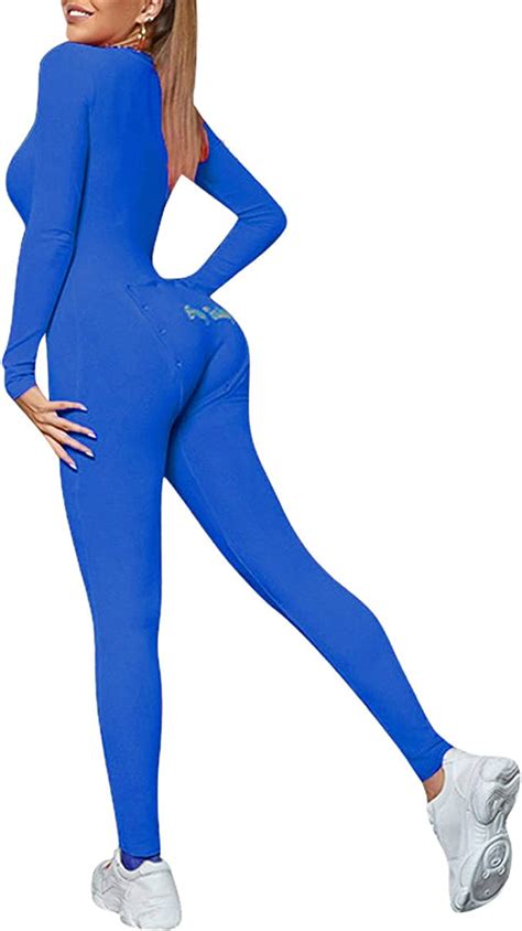 Scoprimay Womens Sexy One Piece Onesie Pajamas Jumpsuit Butt Flap Long Sleeve V Neck Bodycon