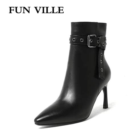 fun ville 2017 autumn winter women ankle boots genuine leather high heel solid pointed toe