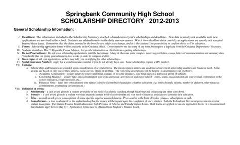 Springbank Community High School Scholarship Directory