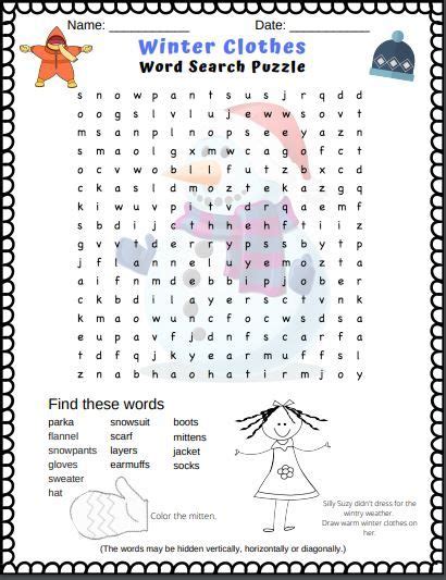 Winter Clothes Word Search Puzzle Grades 23 And 4 Answer Included In