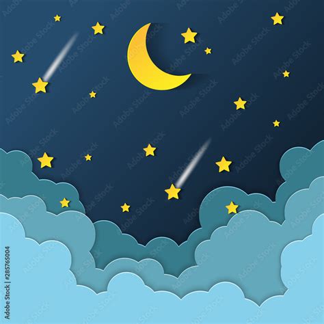 Night Sky With Stars And Moon Paper Art Stylevector Of A Crescent Moon With Stars On A Cloudy