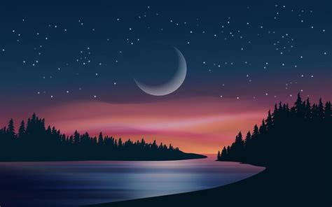 Espectacular Paisaje Nocturno Con Luna Creciente Lago Y Pinos 4865266