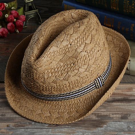 Mens Outdoor Handmade Woven Straw Jazz Hat Sun Protection Short Brimmed