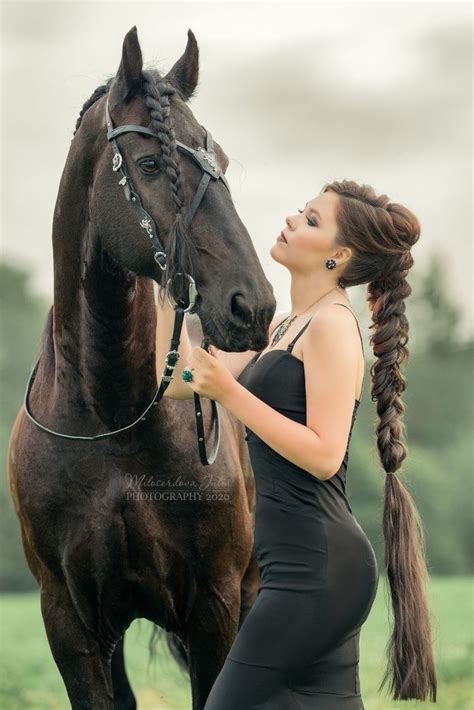 Horse Photography Poses Girl With Pigtails Black Nylons Horses