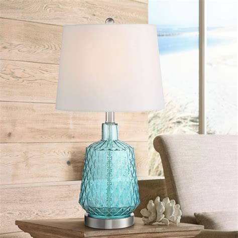 360 Lighting Modern Coastal Accent Table Lamp Blue Glass White Drum Shade For Living Room