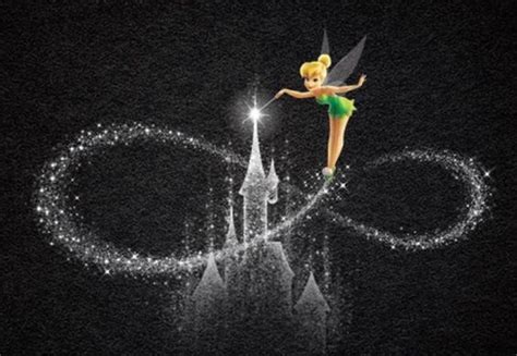 The Tinkerbell Fairy Is Flying In Front Of A Castle With Sparkles On It