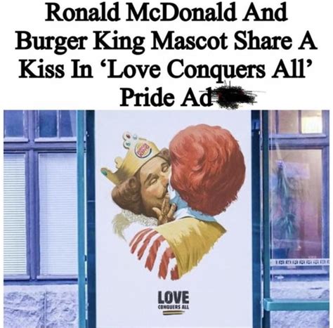 Ronald Mcdonald And Burger King Mascot Share A Kiss In Love Conquers All Pride Ad Ifunny