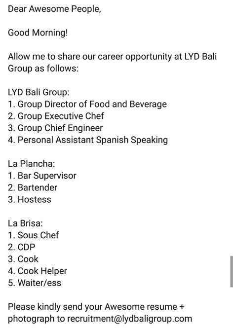 Contoh surat lamaran kerja, curiculum vitae / daftar riwayat hidup, lowongan kerja, dll. Job Vacancy LYD Bali Group - Bali Job Vacancy