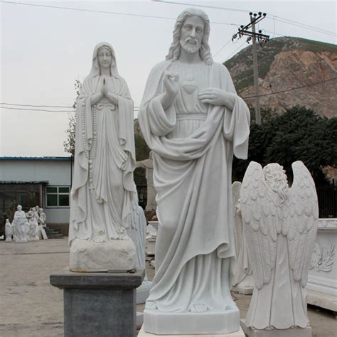 Life Size Sacred Heart Of Jesus Christ And Mary White Marble Outdoor