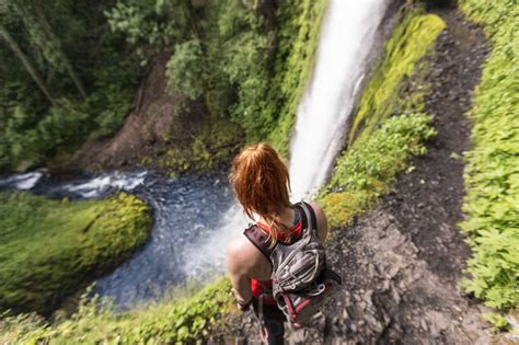 High Angle View Of Female Hiker With Backpack Standing On Eagle Creek