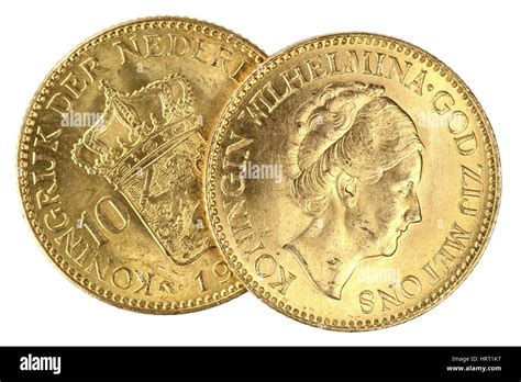 Dutch Wilhelmina Gold Coins Isolated On White Background Stock Photo