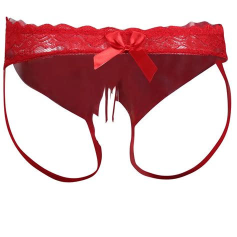 Sexy Open Crotch Backless Jock Strap Satin Thong Panties With Lace Trim And Bow G String