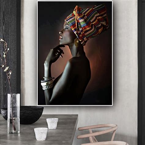 African Nude Woman Indian Headband Portrait Canvas Minimalist Nordic