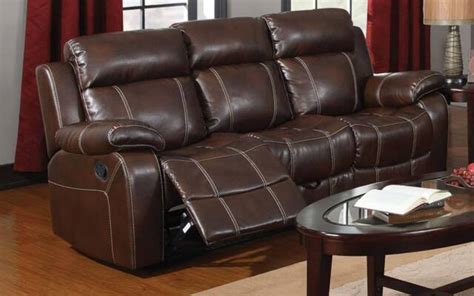 Brown Bonded Baseball Stitch Leather Reclining Motion Sofa Living Room