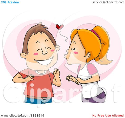 Clipart Of A Cartoon Brunette White Man Gushing While Being Kissed By A Red Haired Woman On His