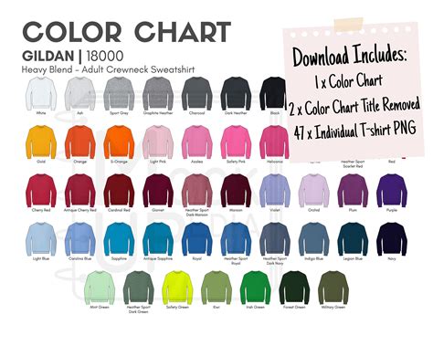 Gildan 18000 Adult Crewneck Sweatshirt Color Chart Gildan Etsy Singapore