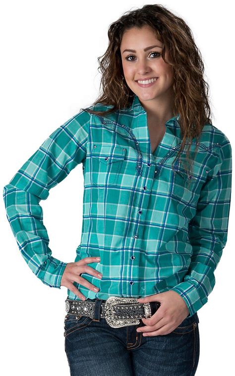 Rock 47 By Wrangler Womens Teal And Blue Plaid Long Sleeve Western Shirt Western Shirts Womens
