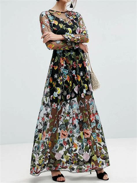 Black Embroidery Floral Long Sleeve Sheer Mesh Maxi Dress Floral