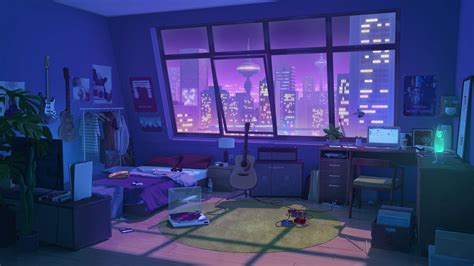 Artwork Digital Art Room Guitar Building Night Bedroom Laptop Wallpaper