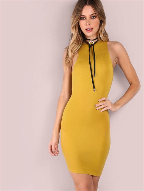Shop Yellow Racer Neck Bodycon Dress Online Shein Offers Yellow Racer