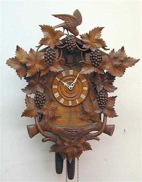 Black Forest Carved Wood Cuckoo Clock With Bird Grapes And Wine Leaves