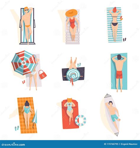 Young People Sunbathing On The Beach Set Top View Of Lying Men And Women Vector Illustrations
