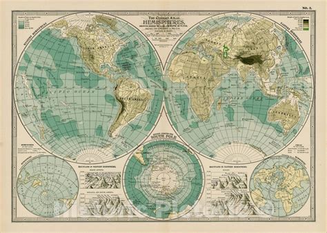 Historic Map Hemispheres Showing Heights Of Land And Depth Of Water