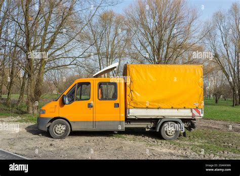 Poznan Poland Apr 04 2016 Yellow Park Workers Truck On The Osiedle