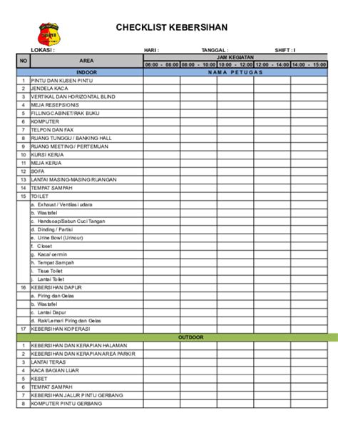Contoh Format Checklist Kebersihan Set Kantor