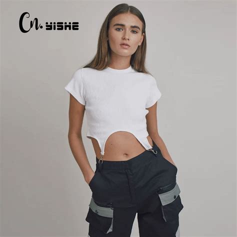 Cnyishe 2020 Summer Elastic Hight Shirts Solid Black Sexy Crop Top
